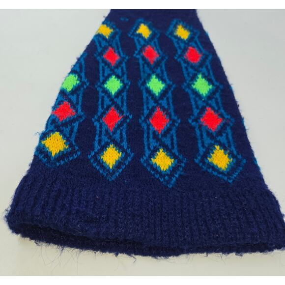 Vintage Jester Winter Stocking Cap Beanie Geometric Navy Yellow Red Green 22" L - Picture 2 of 9
